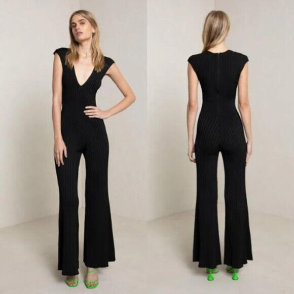 NEW A.L.C. V-Neck Cap Sleeves Holden Ribbed Knit Black Flare Leg Jumpsuit